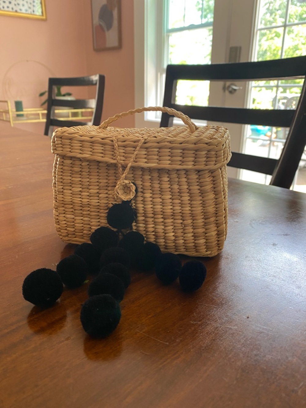 Natural Straw Kids Basket Bag with Black Pom-Pom Charm